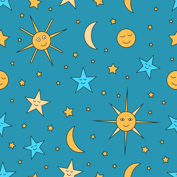 Güneş, ay ve yıldız ile gece gökyüzünün çocuk seamless modeli