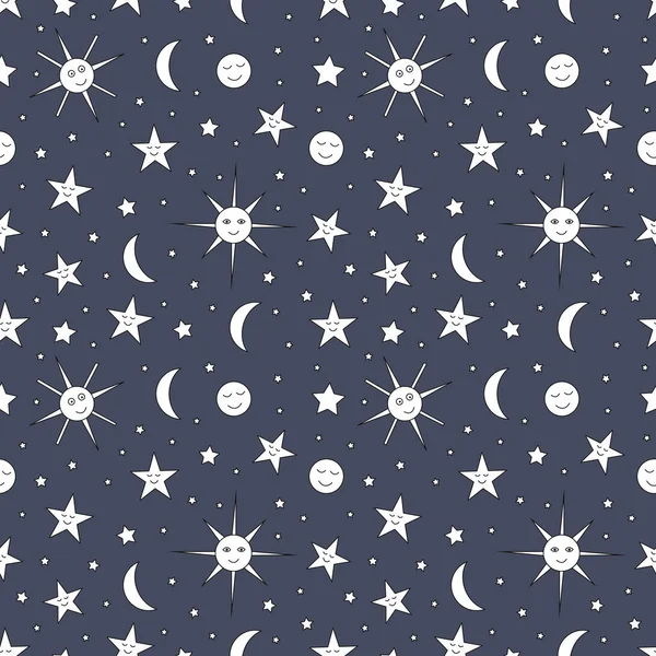 Дитячий безшовний візерунок нічного неба з сонцем, місяцем і зірками Ліцензійні Стокові Вектори