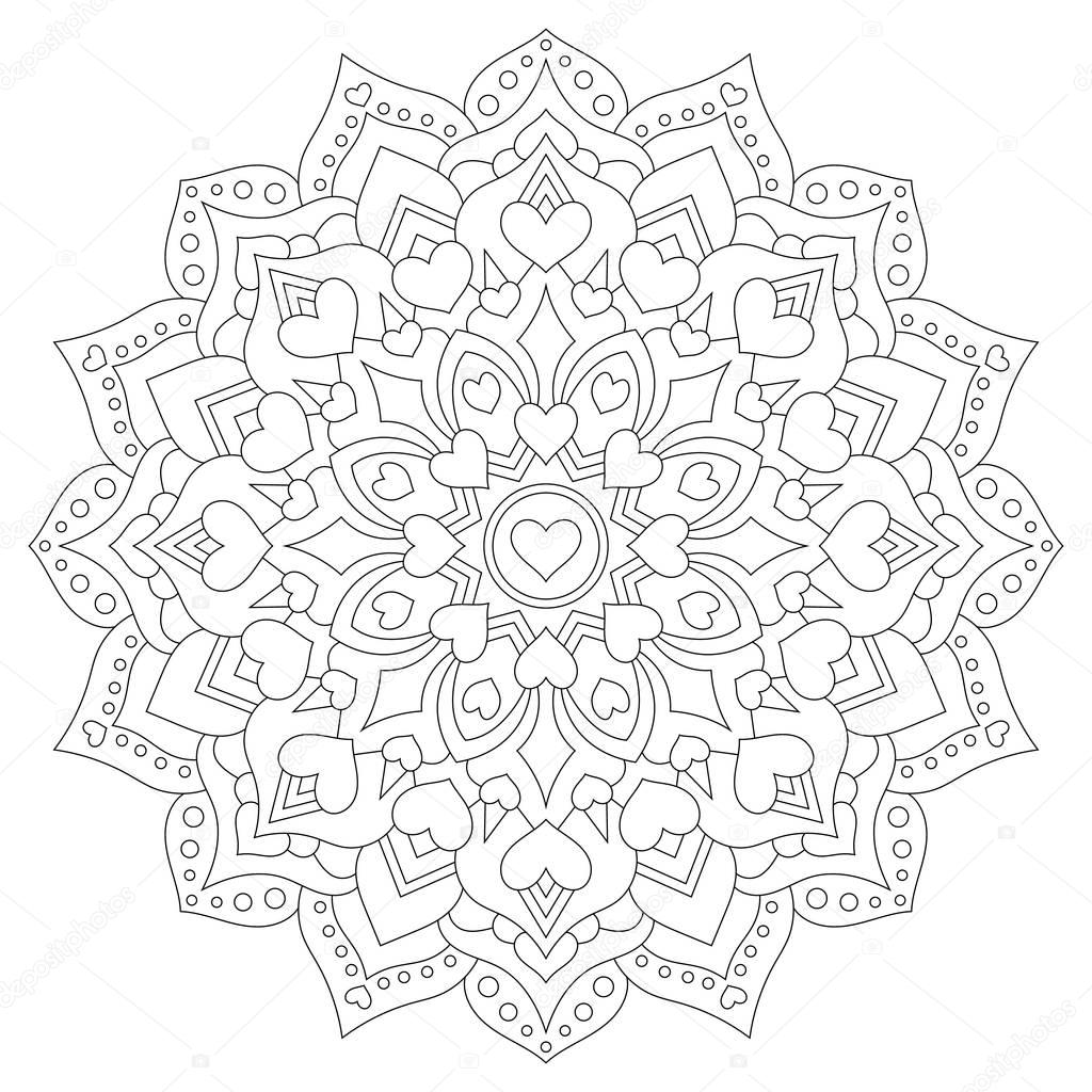 Mandala with hearts for coloring. Circular pattern