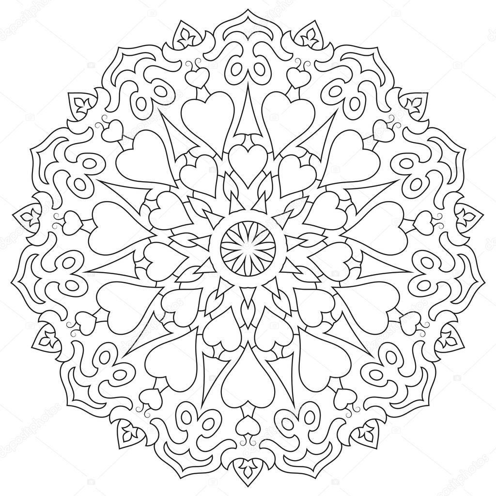 Seite Malvorlagen Mandala mit Herzen isoliert auf weiss