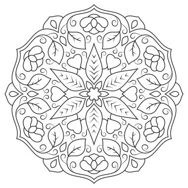 Yaprakları ve beyaz bir arka plan üzerinde kalpleri ile çiçek mandala.
