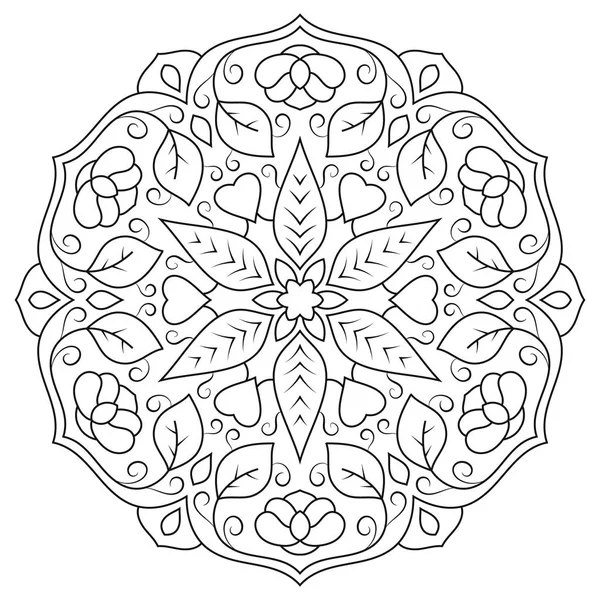 Mandala floreale con foglie e cuori su sfondo bianco . — Vettoriale Stock