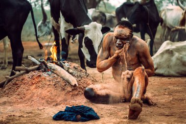 MUNDARI TRIBE, GÜNEY SUDAN - 11 Mart 2020: Bir adam şenlik ateşinin yanında oturur ve geleneksel olarak hijyen için turuncu külleri dökerken savanadaki diğer kabile üyeleriyle birlikte otlar.