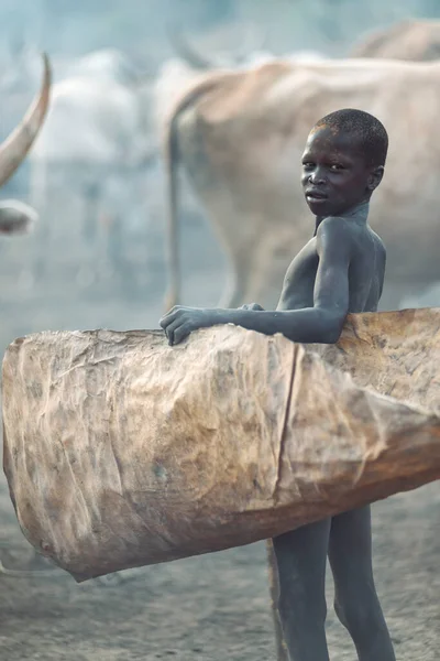 MUNDARI TRIBE, SOUTH SUDAN - 11 marca 2020: Chłopiec noszący suszoną skórę i oglądający kamerę w pobliżu wypasanych krów w wiosce plemienia Mundari w Sudanie Południowym, Afryka — Zdjęcie stockowe