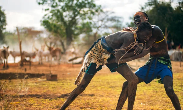 MUNDARI TRIBE, SOUTH SUDAN - 11 marca 2020: Młodzi mężczyźni uśmiechnięci i walczący na polu w pobliżu bydła plemienia Mundari w słoneczny dzień w Sudanie Południowym, Afryka — Zdjęcie stockowe