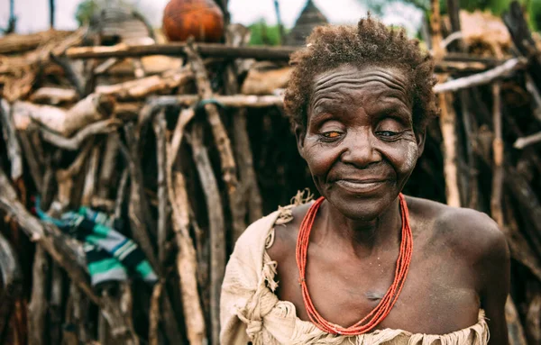 TOPOSA TRIBE, JIŽNÍ SUDAN - 12. března 2020: Stará slepá žena z kmene Toposa stojí na rozmazaném pozadí chatrče ve vesnici v Jižním Súdánu v Africe — Stock fotografie