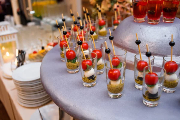 Appetizers Table Italian Antipasti Snacks Wine Glasses Brushetta Authentic Traditional — Stock Photo, Image