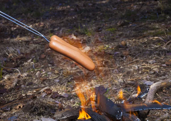 Würstchen über offenem Feuer braten — Stockfoto