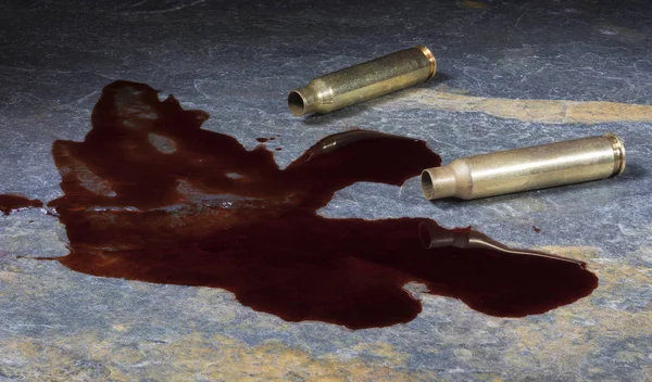 Bir kaya üzerinde kan olan boş Ar-15 kabukları çifti