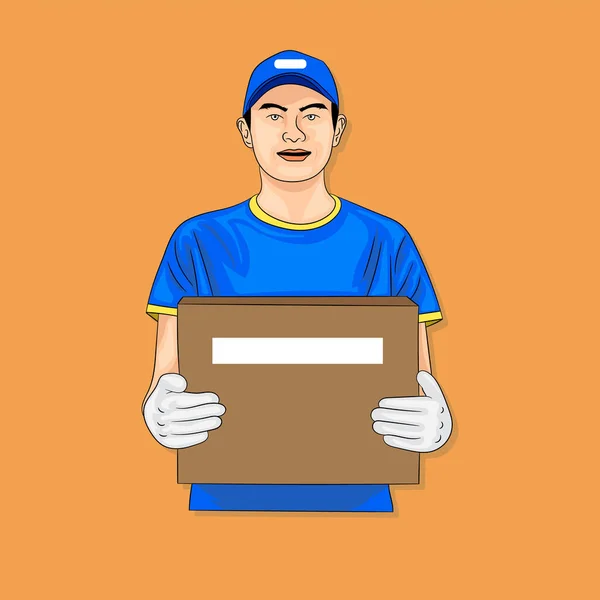 Hombre Entrega Con Caja Paquete — Vector de stock