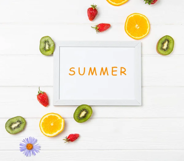 Summer Subject Photography Fruits Flowers White Board — Stock Photo, Image