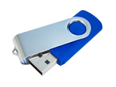 USB flaş bellek belleğine yakın çekim. Gümüş kapaklı mavi bir vücut. Beyaz arka planda izole edilmiş. Yüksek kaliteli makro fotoğrafçılık.