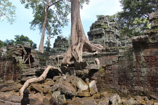 Ruiny a zdi starověkého města v Angkor komplexu, nedaleko je — Stock fotografie
