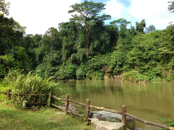 Cerca de concreto marrom em primeiro plano, no fundo um lago — Fotografia de Stock