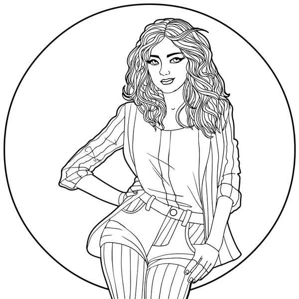 Femme dans un cercle - Coloriage anti stress — Image vectorielle