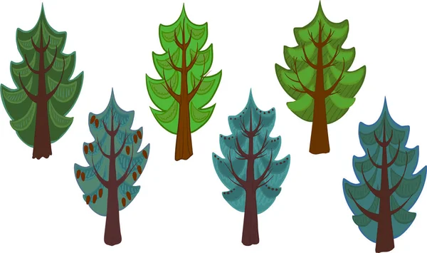 Illustratie van conifer bomen. Zomer set. Geïsoleerd — Stockvector