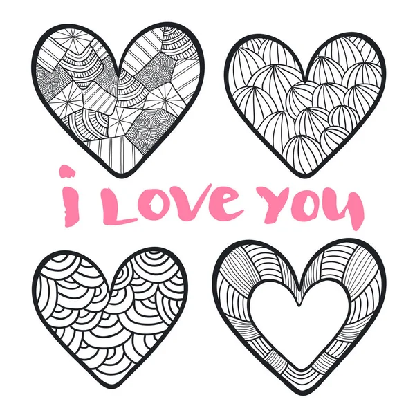 Corazones ambientados en estilo zentangle. Ilustración vectorial para colorear libro. Día de San Valentín doodle fondo . — Vector de stock