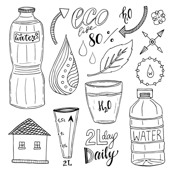 Vector dibujado a mano conjunto de agua y reciclar iconos. Colección saludable con botellas de agua. Beber más concepto de agua — Vector de stock