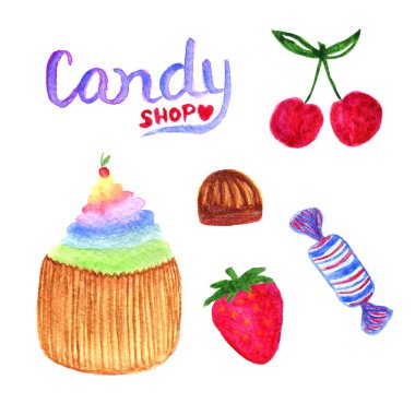 Watercolor desserts with easter cake, fruits and candies. Candy shop element