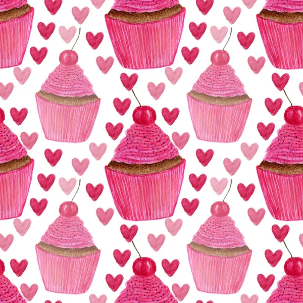 心とカップケーキのパターン — ストック写真