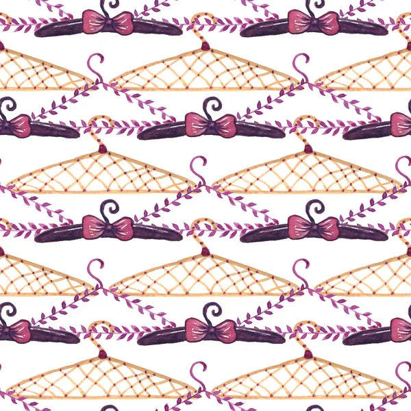 Watercolor fashion seamless pattern with clothes hangers. Can be used for pattern fills, web page backgrounds, textile