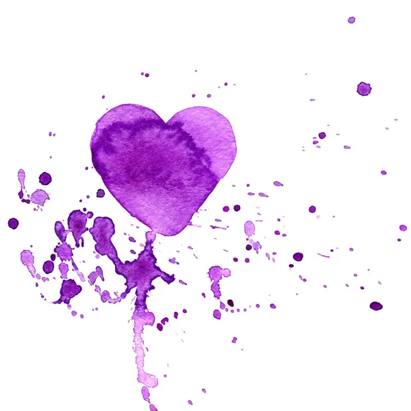 Акварель Сердце Окрашенным Фиолетовым Сердцем Брызги Белом Фоне — стоковое фото