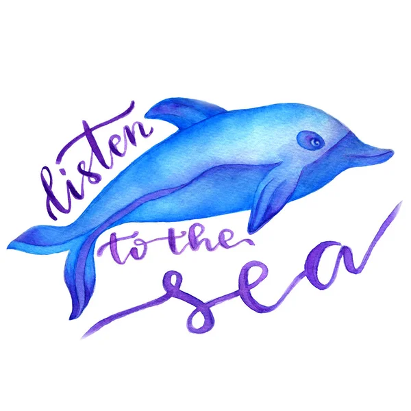 Блакитний Дельфін Акварельній Ілюстрації Написом Слухай Море — стокове фото