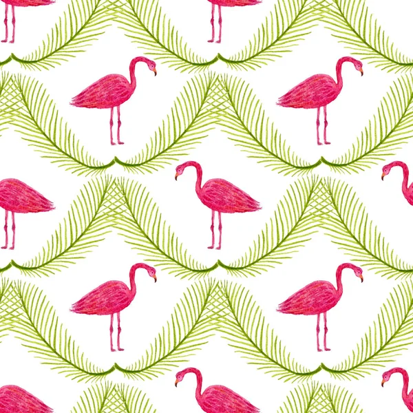 Motif Tropical Avec Flamant Rose Feuilles Palmier Aquarelle Peinte Main — Photo