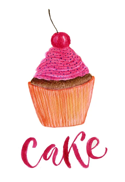 Cute Watercolor Cupcake Cherry Bright Illustration Greeting Card — Stock Photo, Image