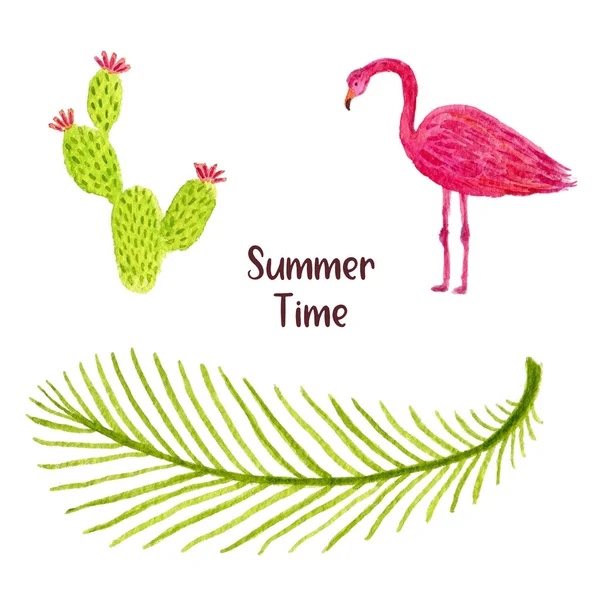Watercolor illustration set of tropical leaf, flamingo bird and cactus. Can be used for prints and vacation design decoration