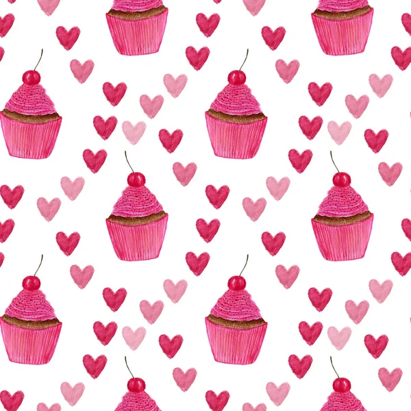 Hearts and cupcakes pattern — Stock Photo, Image