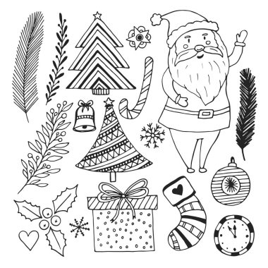 Mutlu yeni yıl kroki doodle seti.