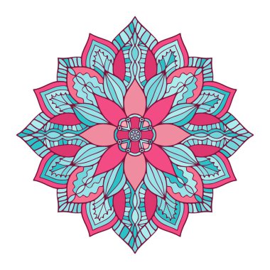 Süslü Çiçek Mandala. Halı süsü deseni. Turkuaz ve pembe renkte iç mandala baskısı. Parlak dekoratif tasarım