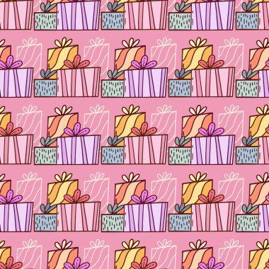 Sürpriz tekrarlanan şablon. Hediye kutularıyla birlikte tatil deseni. Renkli kağıt tasarımı