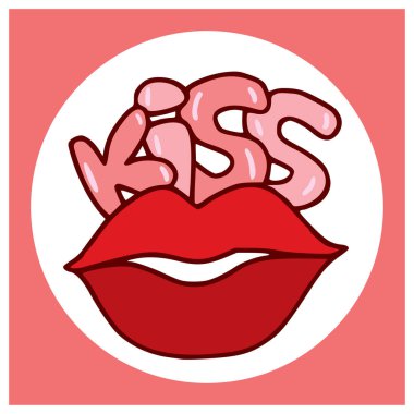 Sevgililer günü öpücüğü. Çizgi film karalama rozeti. Moda tişörtü tasarımı. Kırmızı dudak çizimi