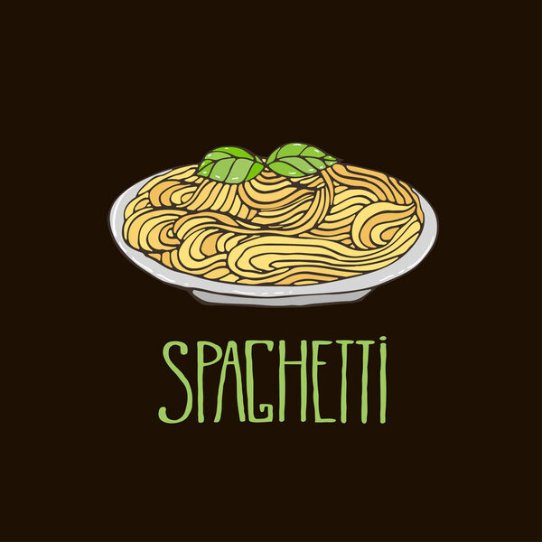 Spaghetti vector design. Italian food illstration. Pasta with basil on plate.