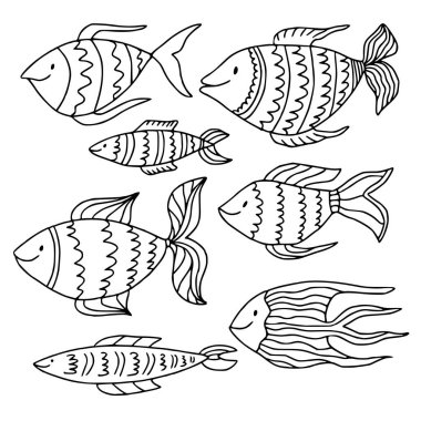 Doodle balık koleksiyonu. Boyama kitabı sayfası.