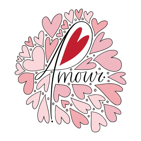 Plakat Walentynki do druku z amour tekst i różowe serca. — Wektor stockowy