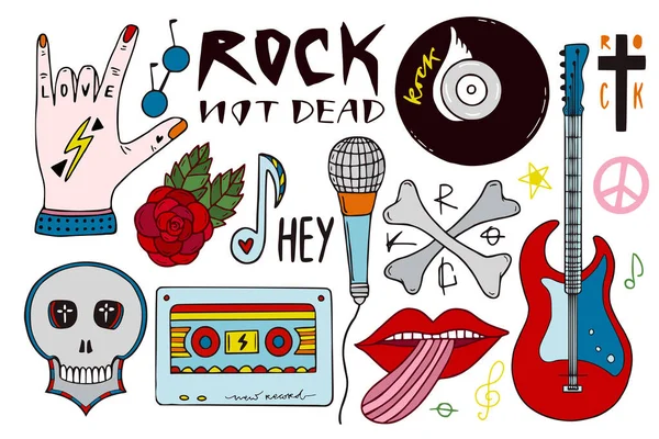 Paquete Música Rock Clip Art Pegatinas Musicales Dibujadas Mano — Archivo Imágenes Vectoriales