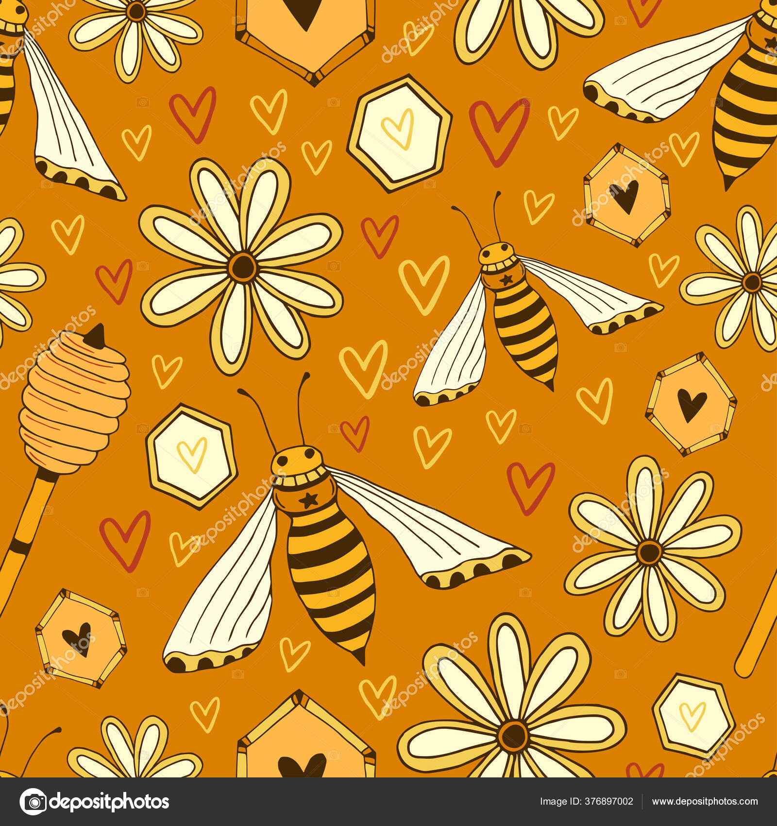 Patrón Con Abejas Tarro Miel Flores Para Diseño Miel Fondo Vector de stock  #376897002 de ©m-ion, image size:1600x1700