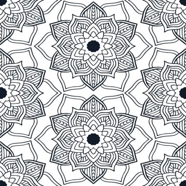 Mandalas süs deseni. Renklendirme kitabı sayfası için kusursuz arka plan ya da keten tekstil tasarımı için tekstil tasarımı Hint deseni. Siyah ve beyaz renkteki döşeme dokusu