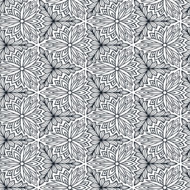 Çiçek desenli siyah beyaz süs. Boyama kitabı sayfası veya tekstil tasarımı için vektörde kusursuz arkaplan. Hint keten desenleri