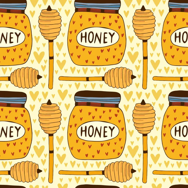 Pattern Honey Jar Dipper Seamless Vector Background Homemade Honey Design — Stock Vector