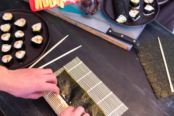 Making Homemade Sushi You Can Out Buy Rice Salmon — Stock Photo, Image