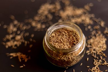 Baharatlar, yemek için kimyon mutfak masasında.