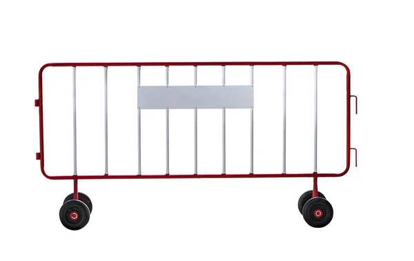 Üstünde tekerlek üzerinde beyaz izole çelik bariyer 