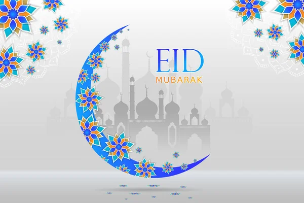 Eid Mubarak Background Greeting Wishes Beautiful Floral Moon Masjid Vector Graphics