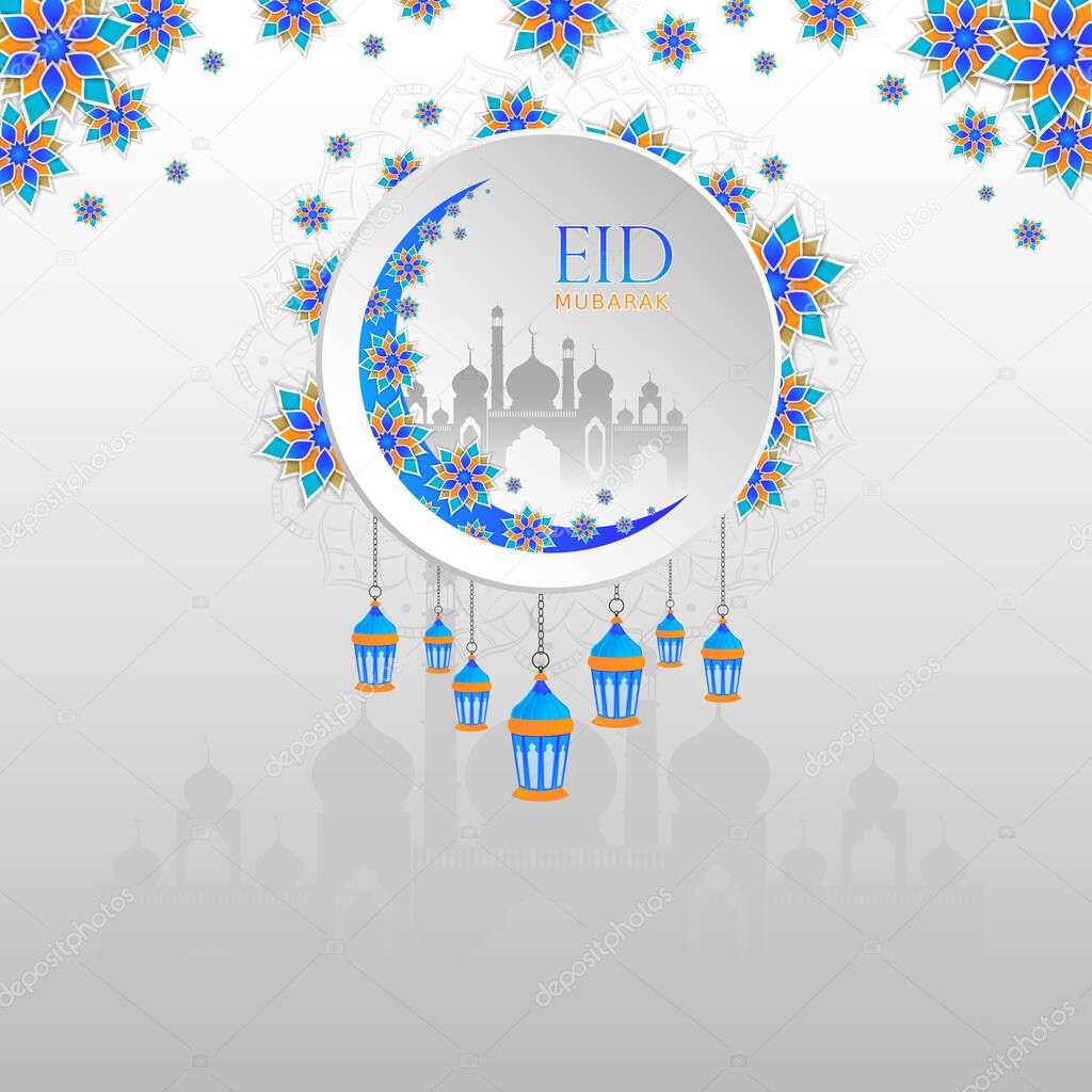 Eid Mubarak Background Design with Beautiful Floral Moon, Masjid and Mandala for Promotional Advertise.