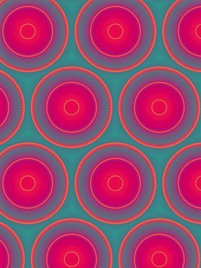 Soyut kompleks vintage çemberlerin arka planı canlı renklerde. Ayrıntılı retro çizim. Kırmızı, pembe ve mavi daireler..