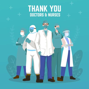 Teşekkürler doktorlar ve hemşireler. Cesur sağlık görevlilerine teşekkür ederim. Doktor bir kahraman. Koronavirüsle savaşmak için tıbbi personel ekibi. Eps10 vektör illüstrasyonu.